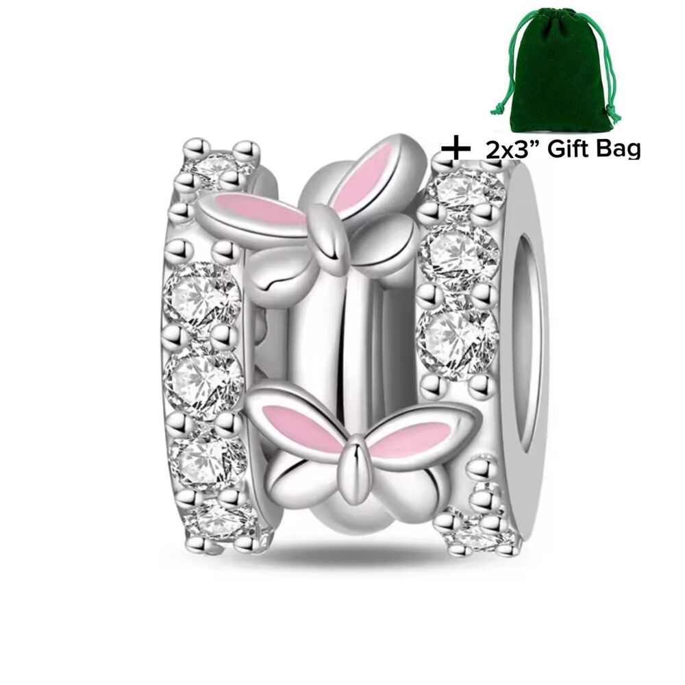Pink Butterflies Crystals Charm Bead | 925 Silver | Brand New